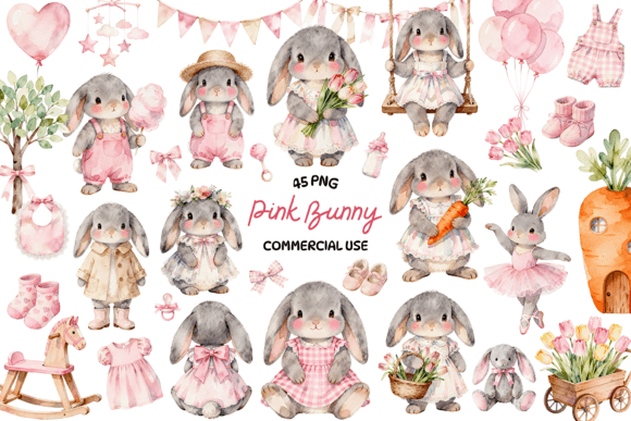 Spring into Design with Pink Bunny Watercolor Clipart
