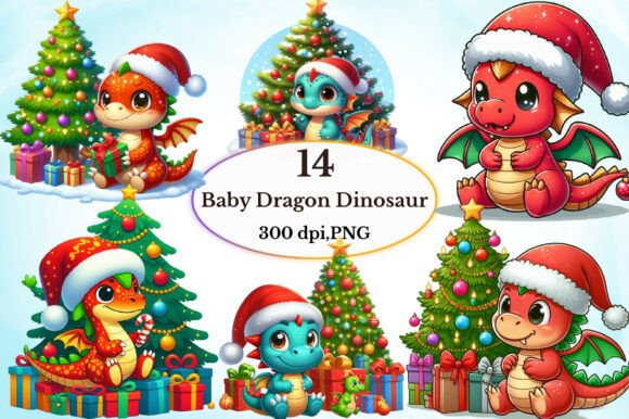 Whimsical Christmas Baby Dragon Dinosaur Clipart